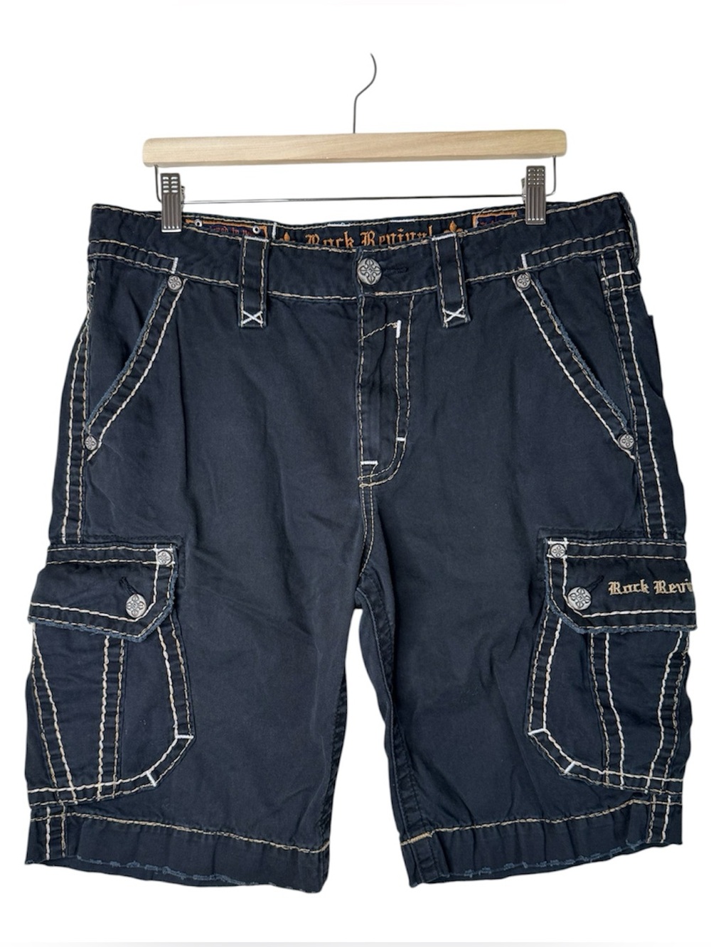 Rock Revival Classic Cargo Shorts Black Men's Size 34 Distressed